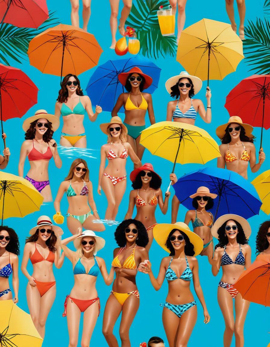 A vibrant beach scene featuring a group of diverse friends wearing colorful and funny swimwear, splashing water and laughing together; exaggerated sun hats and quirky sunglasses add to the humor, while beach umbrellas and tropical drinks create a cheerful atmosphere. Capture the joy and lightheartedness of summer. bright colors. playful cartoon style.