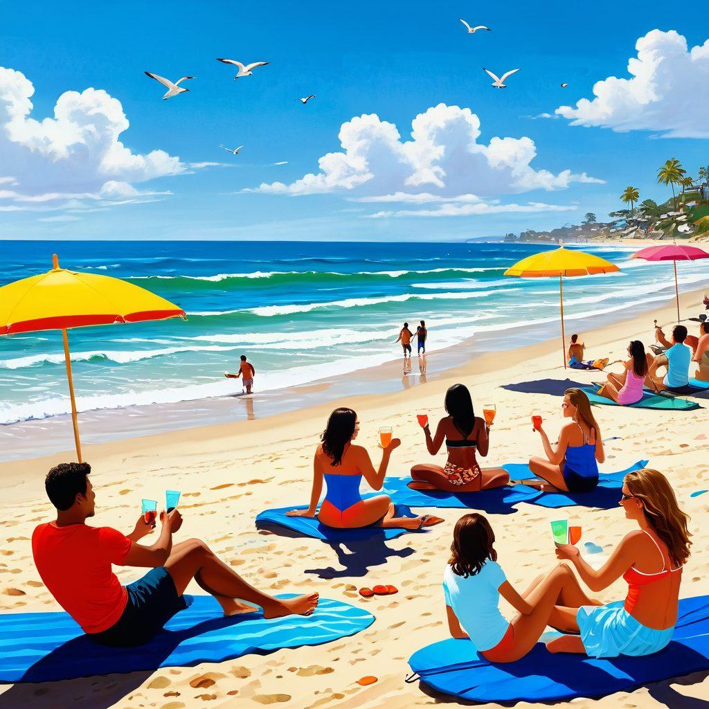 A whimsical scene at a sunny beach, featuring playful waves with cartoonish faces laughing. A group of friends enjoying beach games, sharing funny anecdotes, and sipping colorful cocktails. Beach umbrellas and surfboards scattered in the background, with seagulls adding to the lively atmosphere. The sky is clear with a few fluffy clouds, enhancing the cheerful vibe. cartoonish style. vibrant colors. lively atmosphere.